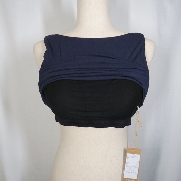OGL Plantive Navy Ribbed Ruched Boat Neck Low Back Padded Bra Brami Tank Medium - Picture 8 of 11